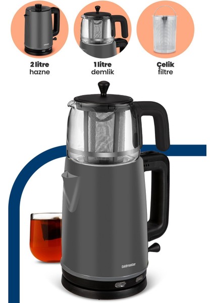 Geniş Hazneli 2200W Paslanmaz Çay ve Su Isıtıcı, Antrasit Gri modelleri