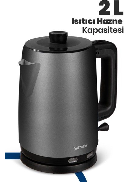 Geniş Hazneli 2200W Paslanmaz Çay ve Su Isıtıcı, Antrasit Gri indirimleri