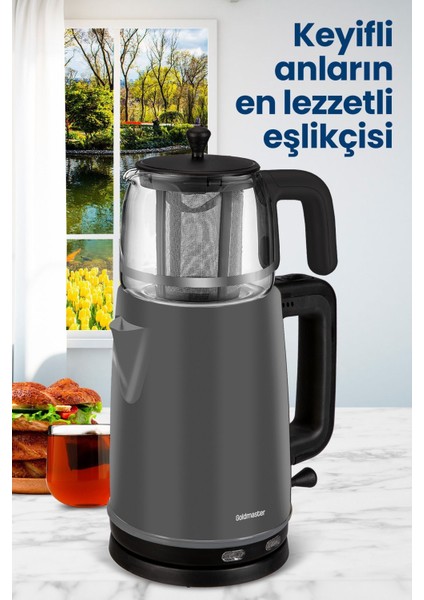 Geniş Hazneli 2200W Paslanmaz Çay ve Su Isıtıcı, Antrasit Gri
