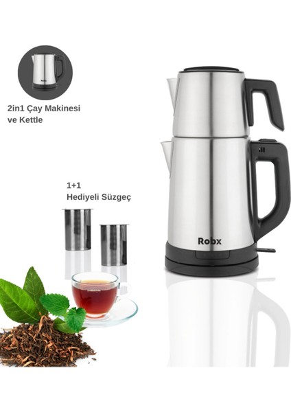 Şık ve Dayanıklı 1.8l Inox Çay Makinesi, 2 Adet Çelik Süzgeçli, Gri Renk