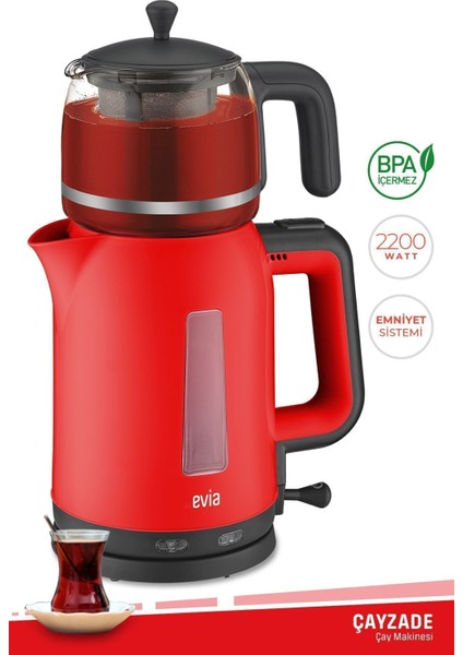 Kırmızı 2200W Cam Demlikli Çay ve Su Isıtıcı, Sağlıklı ve Şık Tasarım