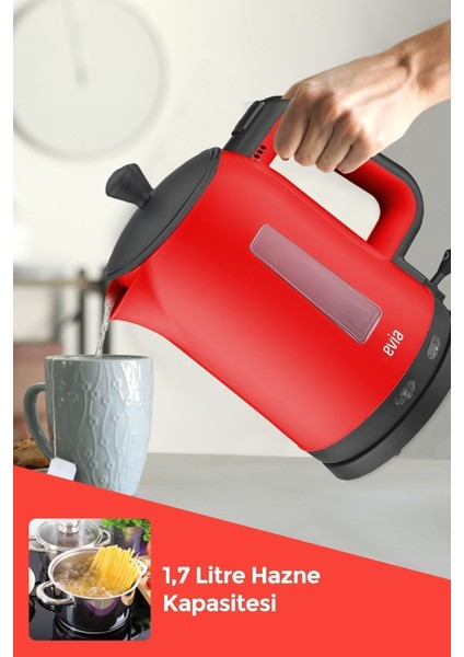 Kırmızı 2200W Cam Demlikli Çay ve Su Isıtıcı, Sağlıklı ve Şık Tasarım fırsatları