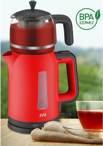 Kırmızı 2200W Cam Demlikli Çay ve Su Isıtıcı, Sağlıklı ve Şık Tasarım indirimleri