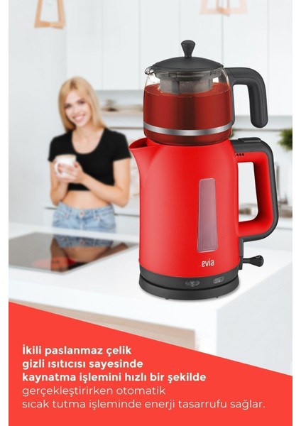Kırmızı 2200W Cam Demlikli Çay ve Su Isıtıcı, Sağlıklı ve Şık Tasarım