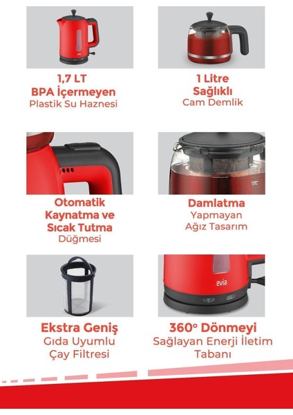 Kırmızı 2200W Cam Demlikli Çay ve Su Isıtıcı, Sağlıklı ve Şık Tasarım