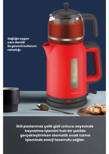 Kırmızı 2200W Cam Demlikli Elektrikli Çay ve Su Isıtıcı modelleri