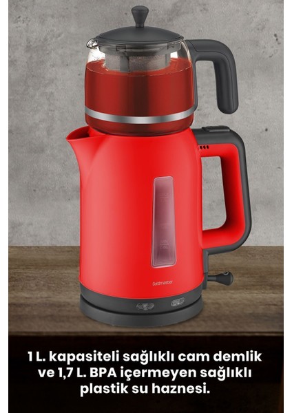 Kırmızı 2200W Cam Demlikli Elektrikli Çay ve Su Isıtıcı
