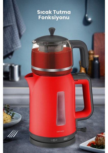 Kırmızı 2200W Cam Demlikli Elektrikli Çay ve Su Isıtıcı