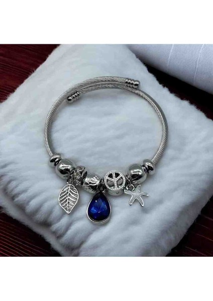 Zirkon Taşlı Mavi Damla Detaylı Pandora Çelik Bileklik