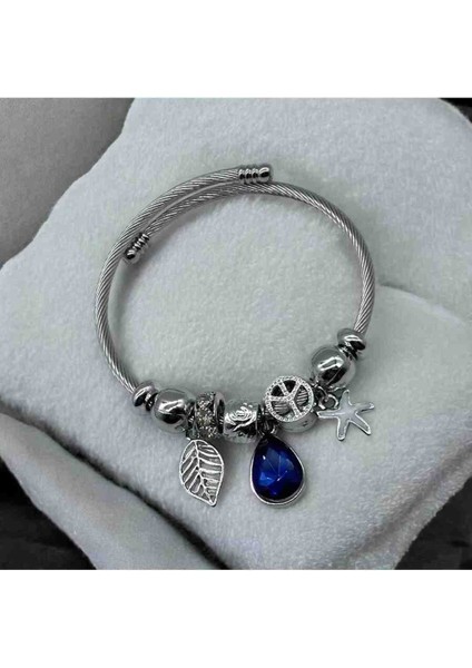 Zirkon Taşlı Mavi Damla Detaylı Pandora Çelik Bileklik modelleri