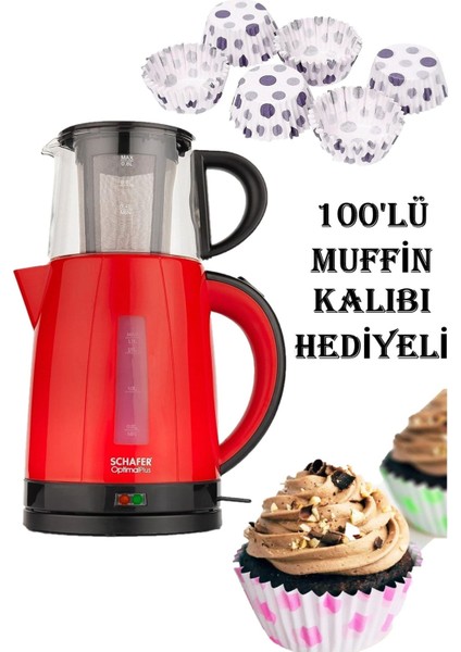 Kırmızı Elektrikli Çay Makinesi ve 100'LÜ Muffin Kalıbı Seti, Anneler Günü Hediyesi