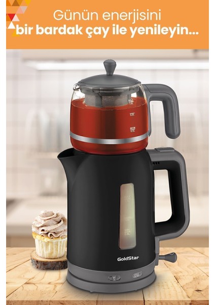 2200W Siyah Cam Demlikli Çay ve Su Isıtıcı Seti