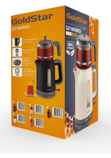 2200W Siyah Cam Demlikli Çay ve Su Isıtıcı Seti