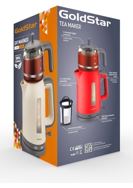 Krem Renkli 2200W Cam Demlikli Çay ve Su Isıtıcı Makinesi