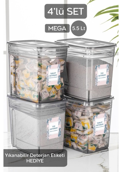 4'lü Gri Saklama Kutusu, 5,5 Litre, Kapaklı, Etiketli, Toz Tablet Deterjan Kabı