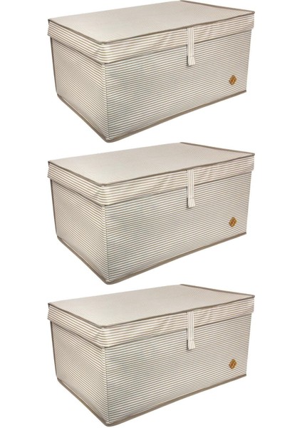 3'lü Ekru Çizgili Çok Amaçlı Kutu 70X40X30 cm Set