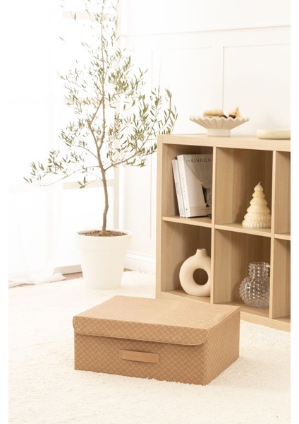 Balıksırtı Desenli Bej Kapaklı Çok Amaçlı Saklama Kutusu