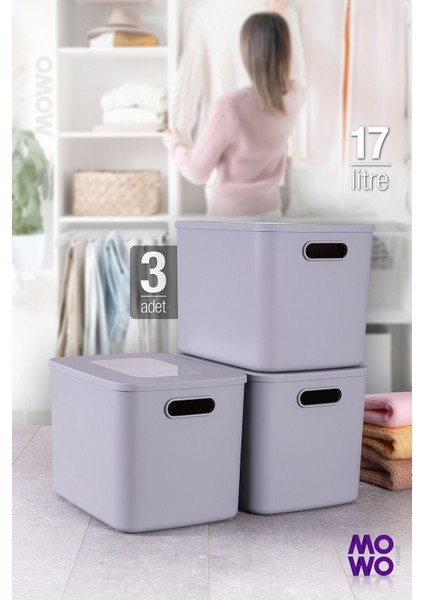 Gri 3'lü 17 Lt Düzenleyici Kapaklı Saklama Kutusu Seti