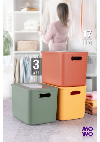 3'lü Renkli Saklama Kutusu 17 Lt Kapaklı Düzenleyici Set