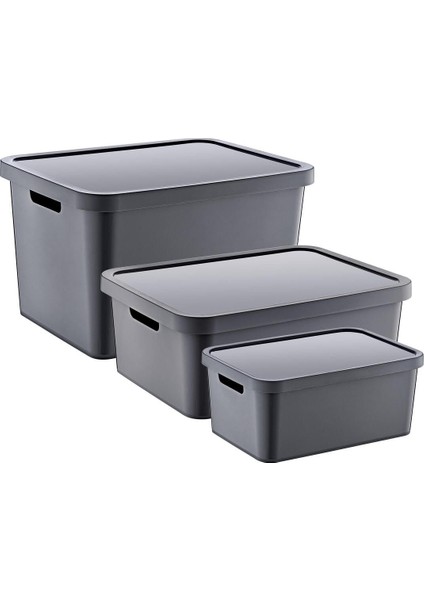 3'lü Kapaklı Kutu Seti, Antrasit, 4,5-12-18 Lt, Dayanıklı ve Şık Depolama Çözümü