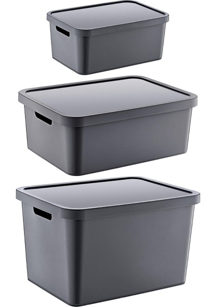 3'lü Kapaklı Kutu Seti, Antrasit, 4,5-12-18 Lt, Dayanıklı ve Şık Depolama Çözümü fiyatları