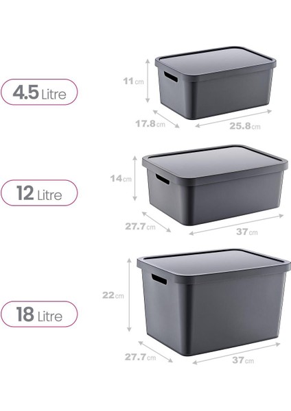 3'lü Kapaklı Kutu Seti, Antrasit, 4,5-12-18 Lt, Dayanıklı ve Şık Depolama Çözümü