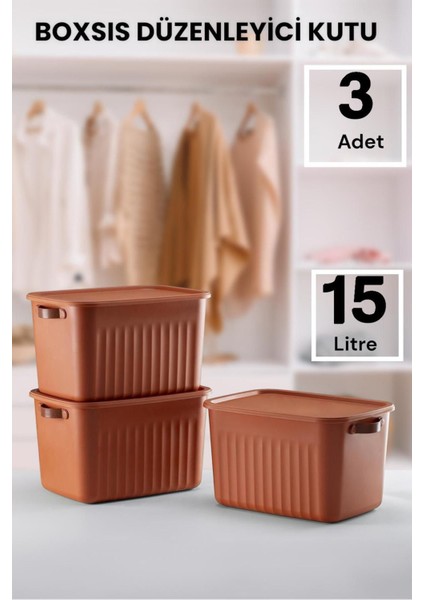 Kahverengi 3'lü 15 Lt Düzenleyici Kapaqlı Saklama Kutusu, Dekoratif Dolap Içi Organizer