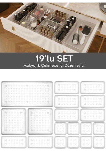 19'lu Çok Amaçlı Çekmece Içi Organizer, Şeffaf, Dolap ve Makyaj Düzenleyici