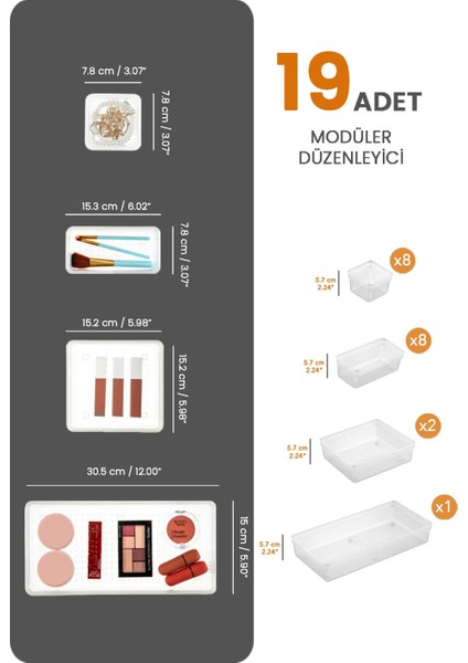 19'lu Çok Amaçlı Çekmece Içi Organizer, Şeffaf, Dolap ve Makyaj Düzenleyici fiyatları