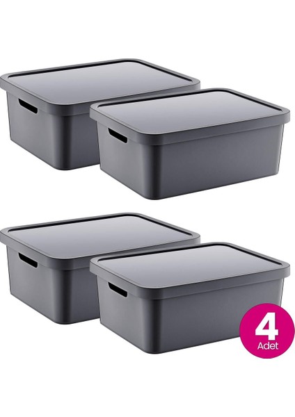 4'lü Çok Amaçlı Kapaklı Kutu, Antrasit, 12 Lt, Stafi, Pratik ve Şık Depolama