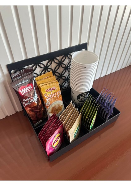 6 Bölmeli Çok Amaçlı Çay Kahve Bitki Çayı Standı, Siyah, Düzenleyici ve Pratik Kutu