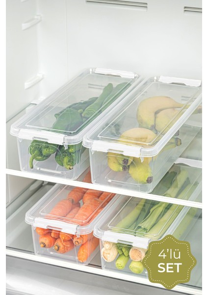 4'lü Kapaklı Uzun Saklama Kabı Seti, 3,5 Litre, Beyaz