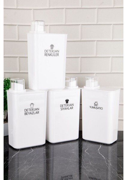 4'lü Kendinden Ölçekli Deterjan Saklama Kabı Renkli ve Beyaz Set
