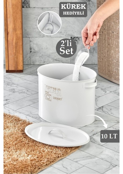 2 Adet Metal 2 Bölmeli 10 Lt Kapaklı Deterjan Saklama Kutusu Beyaz