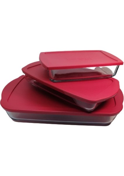 Kırmızı Kapaklı Dikdörtgen Cam Set 3 Parça, Şık ve Kullanışlı Mutfak Gereci