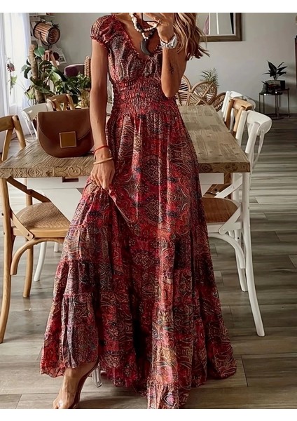 Kadın Kısa Kollu Kruvaze Yakalı Desenli Maksi Boy Süprem Elbise