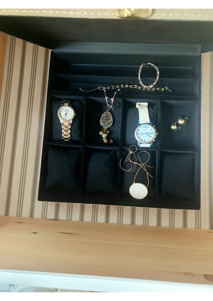 Kahverengi ve Siyah 10 Gözlü Şık Takı ve Saat Kutusu, Organize ve Şık Saklama.