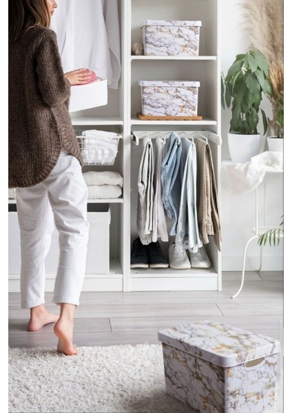 Şık Mermer Desenli Plastik Kutu Seti, 3'lü, 20 Litre, Mor Renk