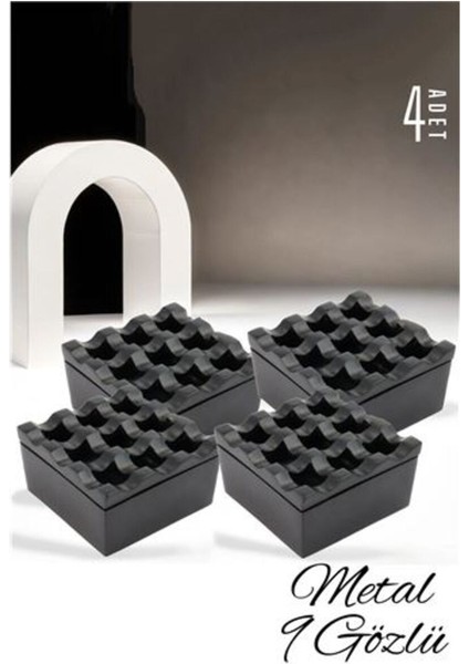 Dört Adet Siyah Metal Kül Tablası, 9 Gözlü, Şık ve Kullanışlı Tasarım