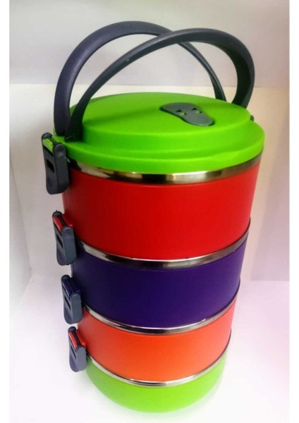 4 Katlı Renkli Sefer Tası, Yemek Termosu, Yeşil, Kırmızı, Mor, Turuncu