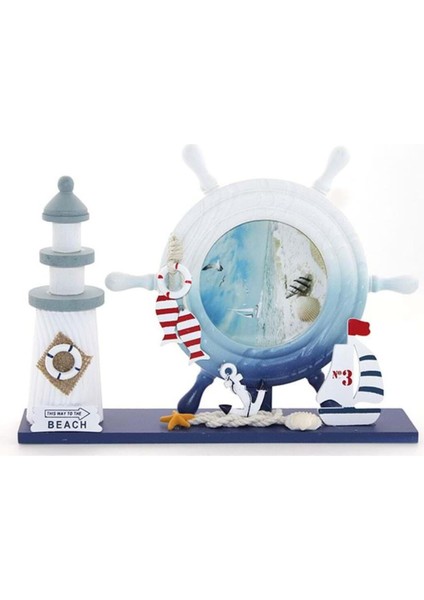 Renkli Ahşap Deniz Feneri ve Dümenli Çerçeve, Deniz Temalı Dekorasyon Parçası