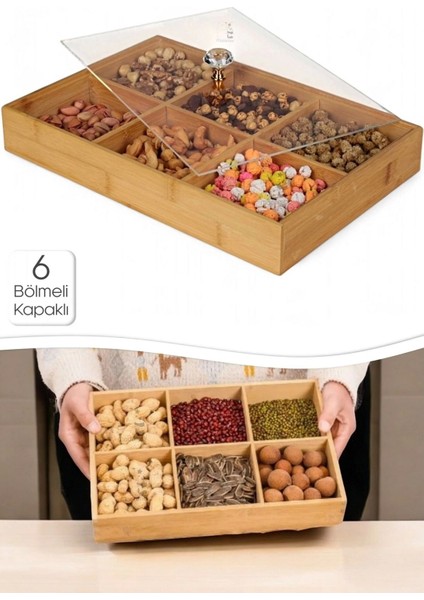 6 Bölmeli Şeffaf Bambu Sunum Kutusu, Mutfak Organizer, Renkli