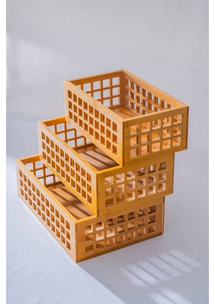 Bej 3'lü Bambu Dikdörtgen Organizer Kutu, Şık ve Kullanışlı Depolama Çözümü