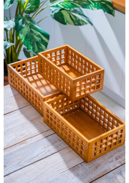 Bej 3'lü Bambu Dikdörtgen Organizer Kutu, Şık ve Kullanışlı Depolama Çözümü fırsatları