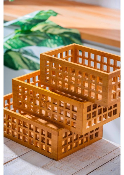 Bej 3'lü Bambu Dikdörtgen Organizer Kutu, Şık ve Kullanışlı Depolama Çözümü indirimleri