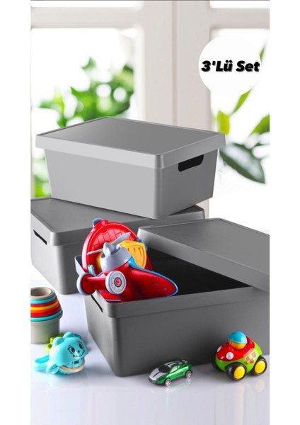 10 Lt Kapaklı Düzenleyici Kutu 3'lü Set, Antrasit ve Gri Renk Seçenekleri