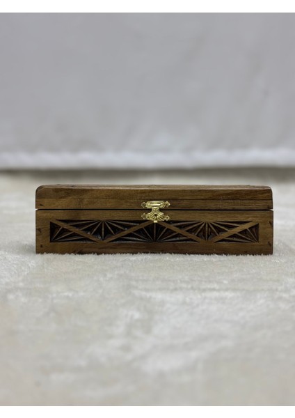 El Oyma Ceviz Ahşap Kutu, Takı ve Tespih Saklama, 8X26X7 Cm, Kadife Kaplı