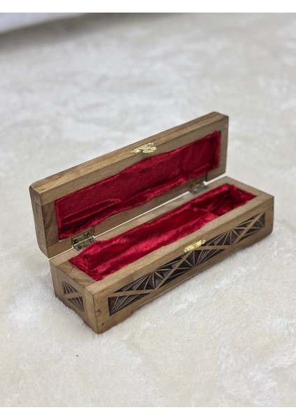 El Oyma Ceviz Ahşap Kutu, Takı ve Tespih Saklama, 8X26X7 Cm, Kadife Kaplı