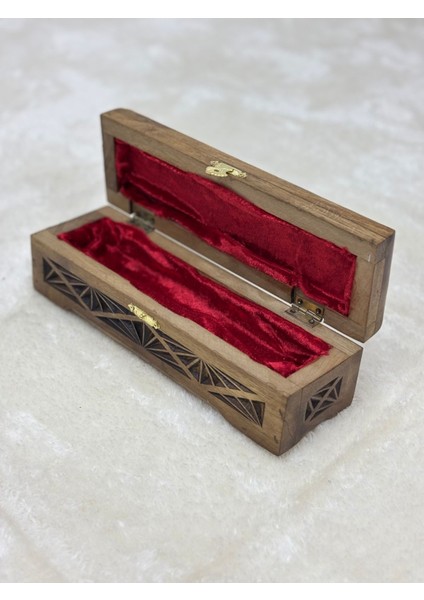El Oyma Ceviz Ahşap Kutu, Takı ve Tespih Saklama, 8X26X7 Cm, Kadife Kaplı