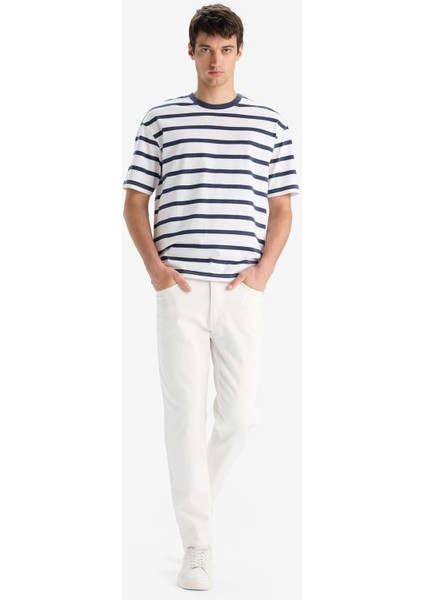 %100 Pamuk Boxy Fit Rahat Kesim Bisiklet Yaka Çizgili Kısa Kollu Tişört E1160AX25AU fiyatları